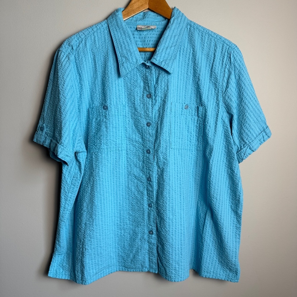 Carroll Reed Women's Vintage Seersucker Short Sleeve Button‎ Up Shirt Blue 2X